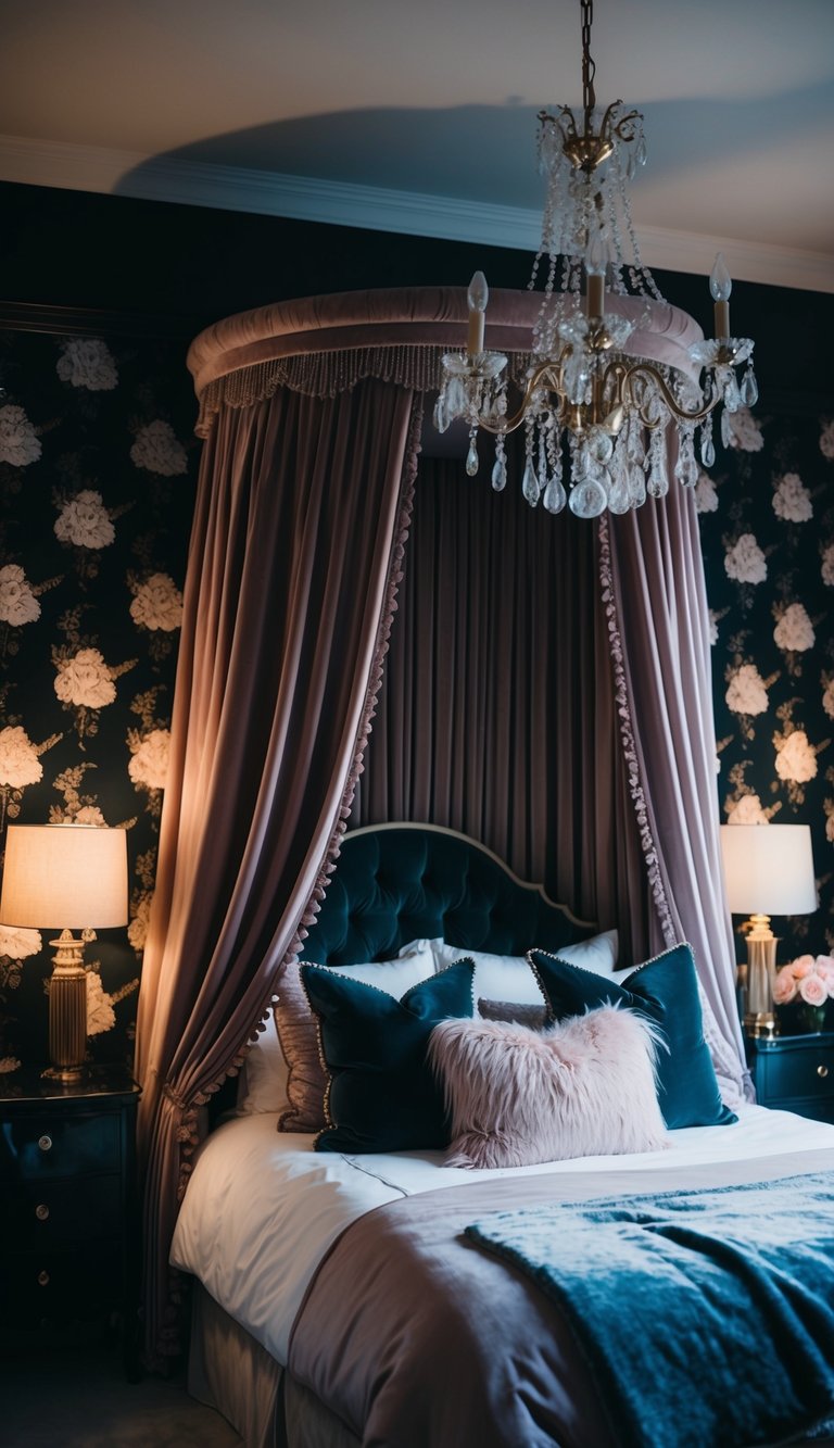 A dark, feminine bedroom with velvet curtains, floral wallpaper, and a canopy bed adorned with plush pillows and a chandelier casting a soft glow