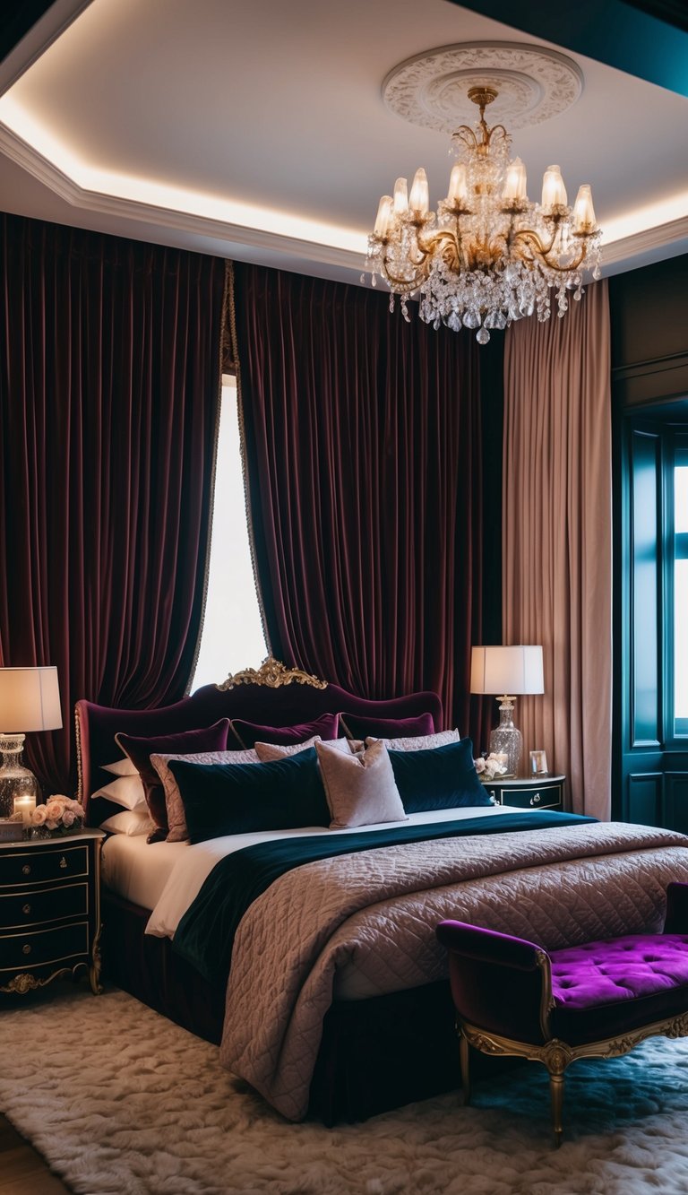 A dark bedroom with rich velvet curtains, plush bedding, and opulent furniture creates a luxurious and feminine atmosphere