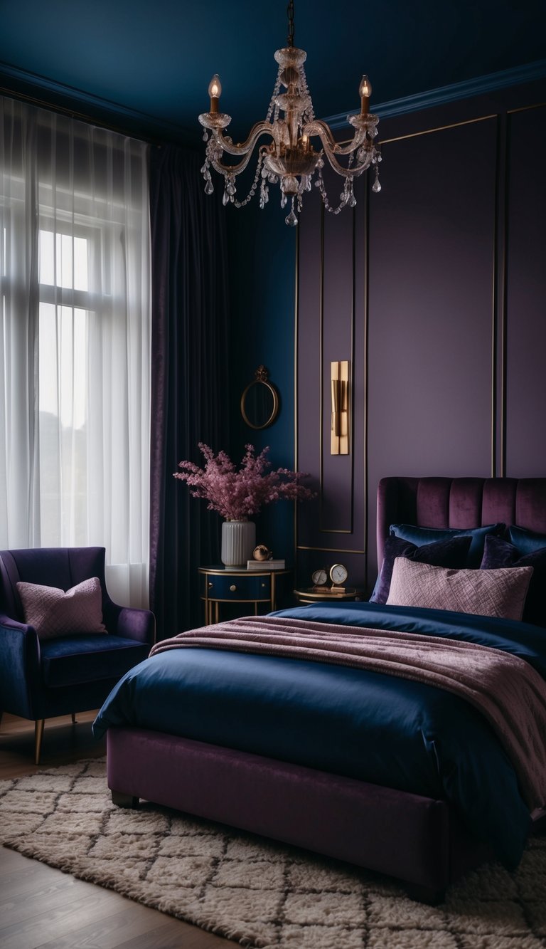 A cozy bedroom with deep plum and midnight blue accents, soft lighting, and luxurious textures creating a dark and feminine atmosphere