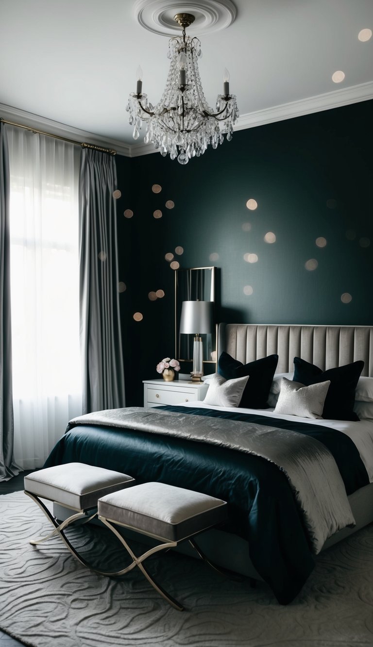 A dark, feminine bedroom with metallic accents exuding elegance