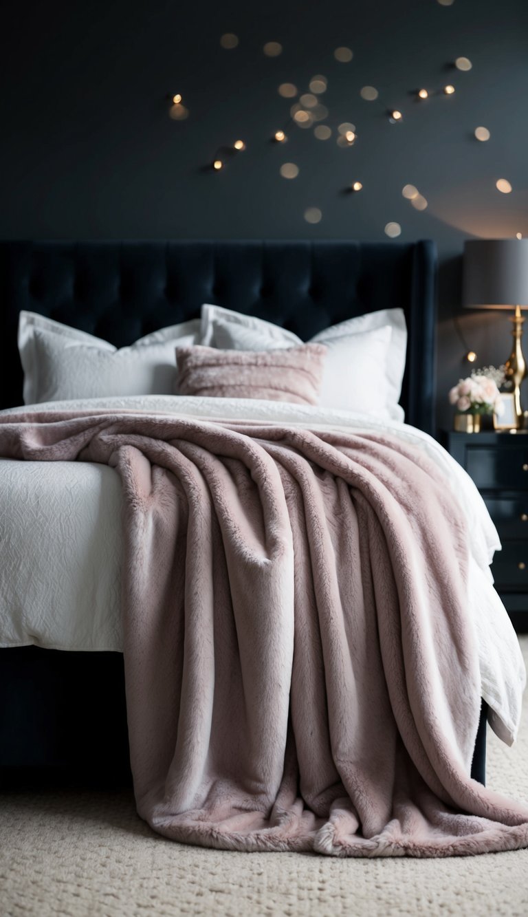 Soft, plush throws draped on a bed in a dark, feminine bedroom, creating a cozy and inviting atmosphere