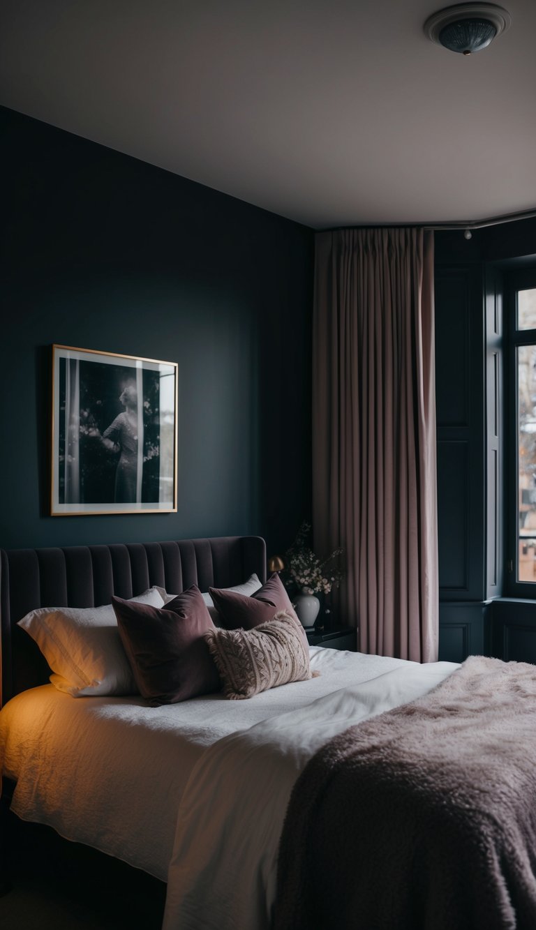 Soft, dimmable lights create a cozy atmosphere in a dark, feminine bedroom. Rich textures and deep colors add to the moody ambiance