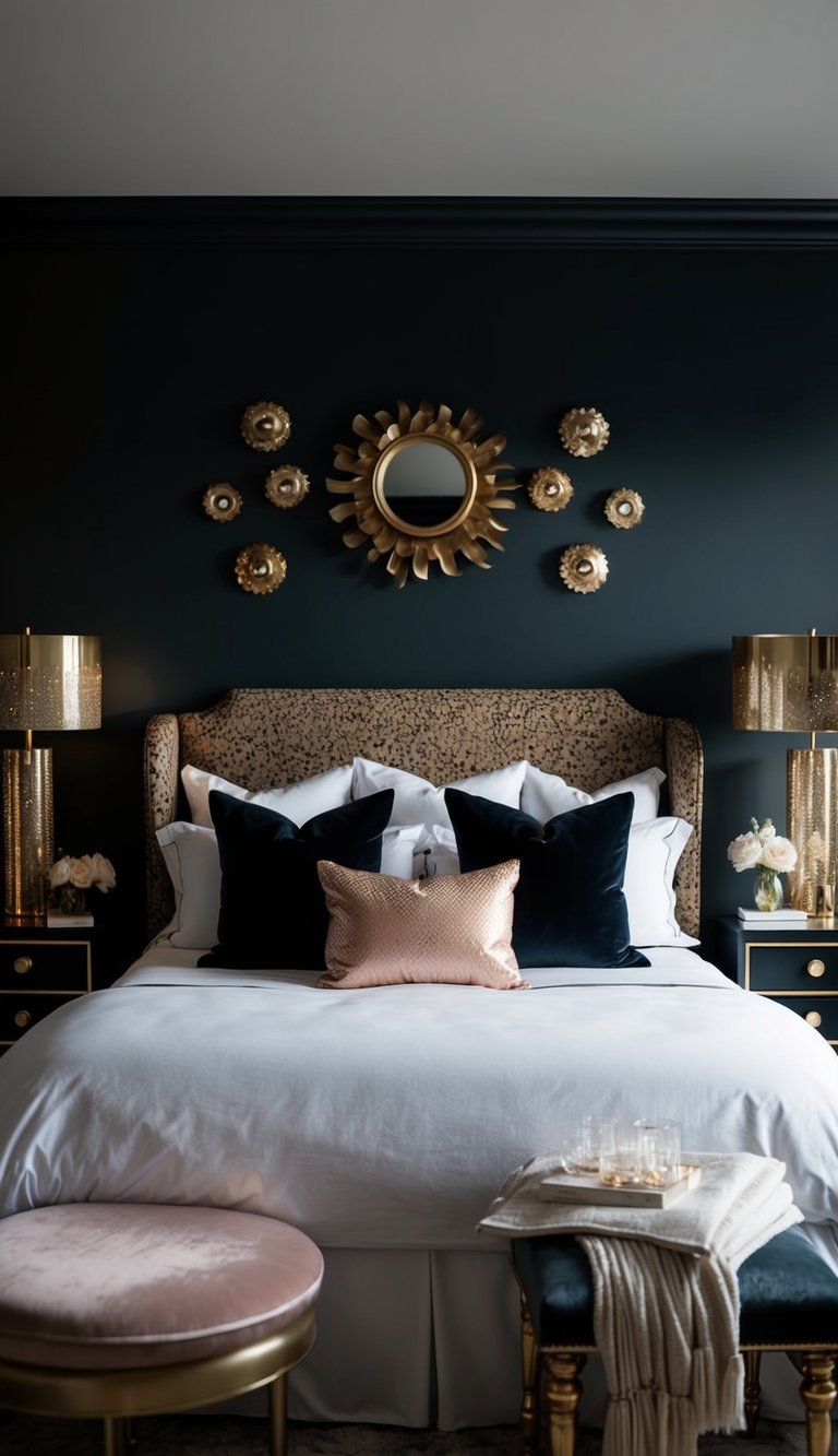 A dark, feminine bedroom adorned with gold-accented decor pieces