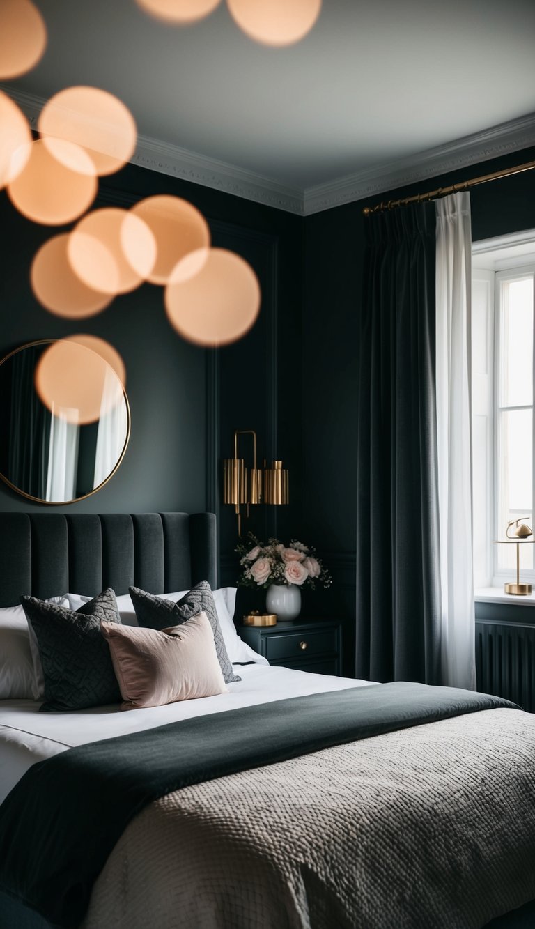 A dimly lit bedroom with rich charcoal tones, featuring elegant and feminine decor