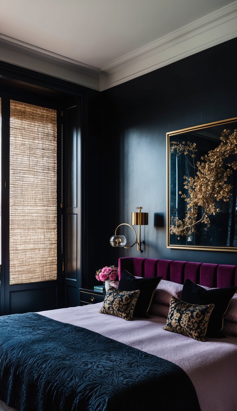 A bold, dark, feminine bedroom with a striking piece of artwork as the focal point. Rich colors and luxurious textures create an inviting and elegant atmosphere