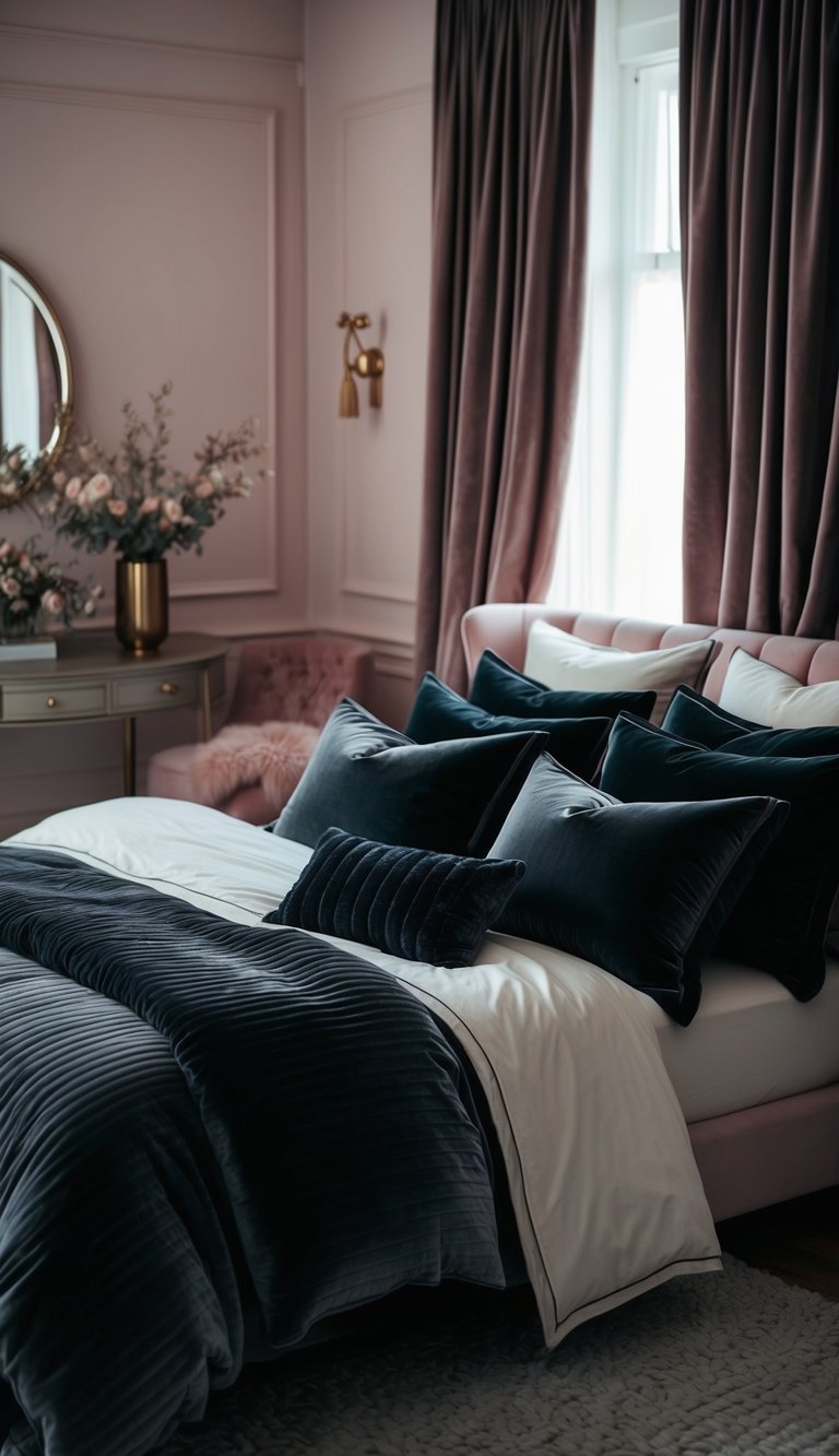 Layers of dark and soft bedding in a feminine bedroom, with rich textures and deep colors creating a cozy and luxurious atmosphere