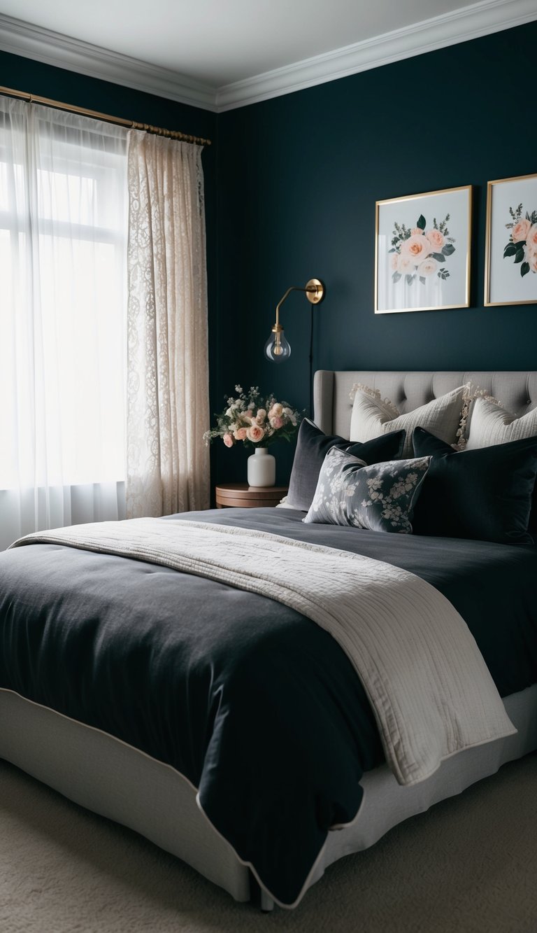 A dimly lit bedroom with deep navy walls and charcoal-colored bedding, accented with soft, feminine touches like lace curtains and floral artwork