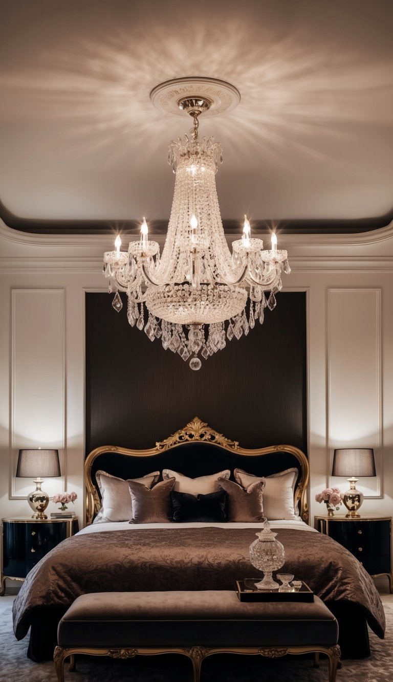 A statement chandelier hangs above a luxurious, dark and feminine bedroom, casting a warm and elegant glow over the opulent decor