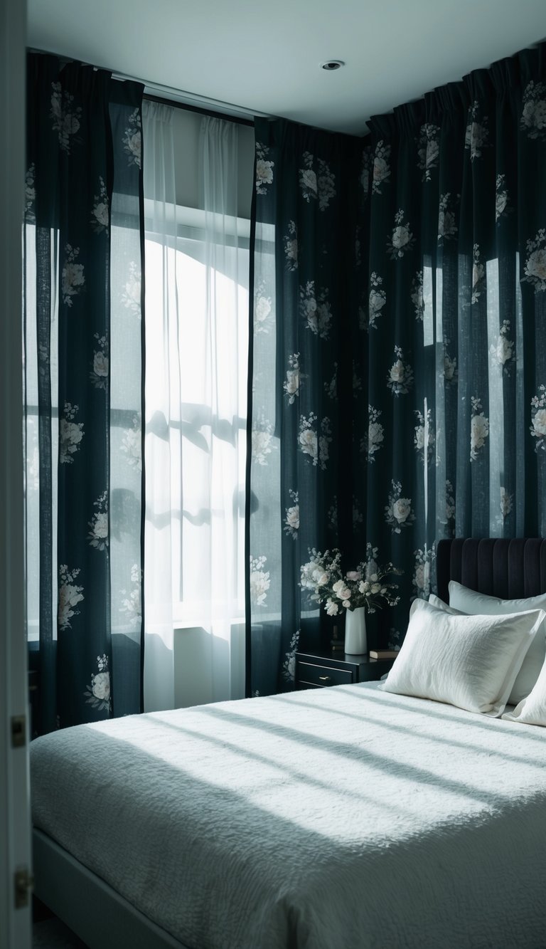 Sheer curtains with dark floral prints frame a feminine bedroom, casting delicate shadows on the dark decor