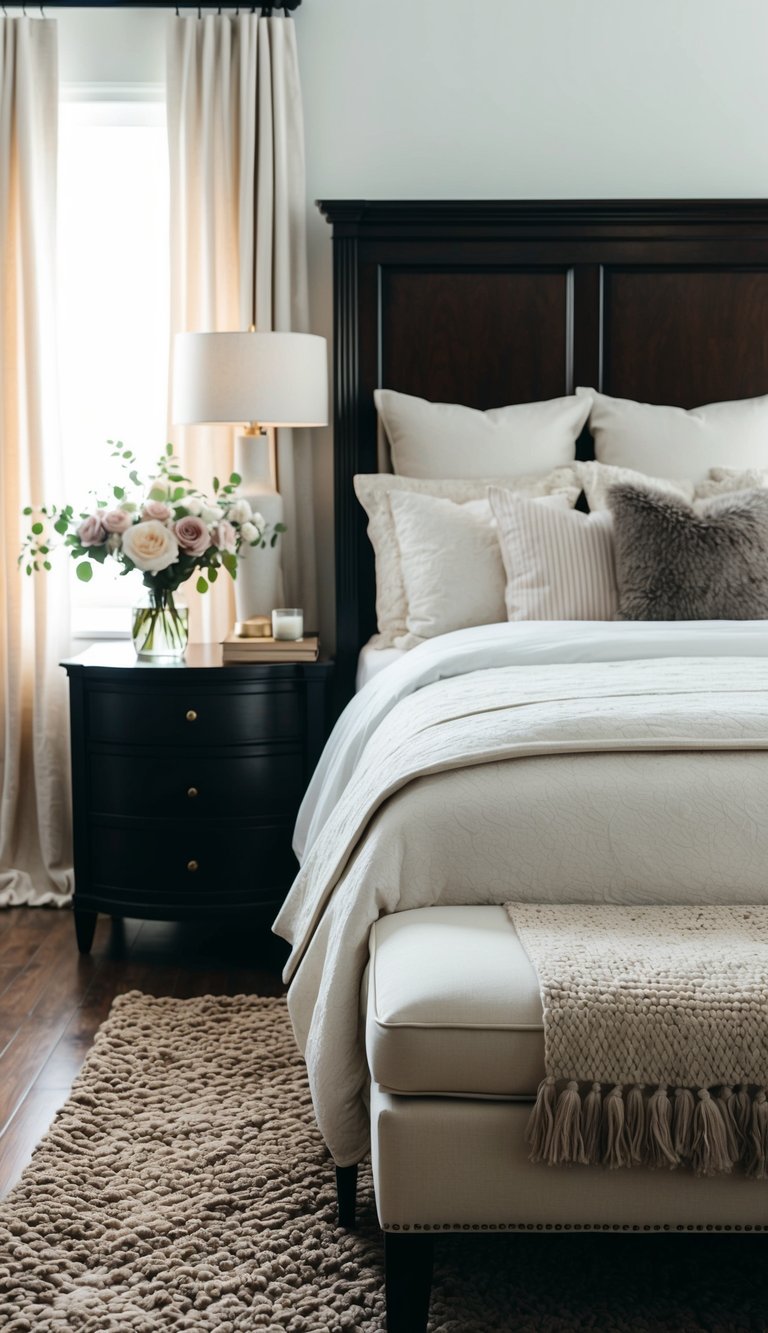 A cozy bedroom with a dark wood headboard, textured rug, and soft, feminine bedding. A vase of flowers sits on a bedside table