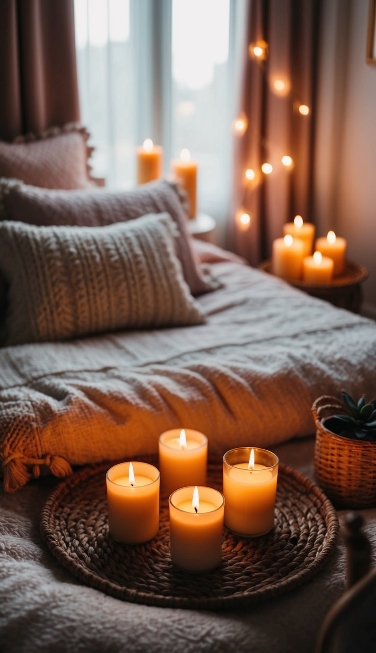 Candles placed around a cozy, dimly lit bedroom, casting warm, flickering light on feminine decor and textiles