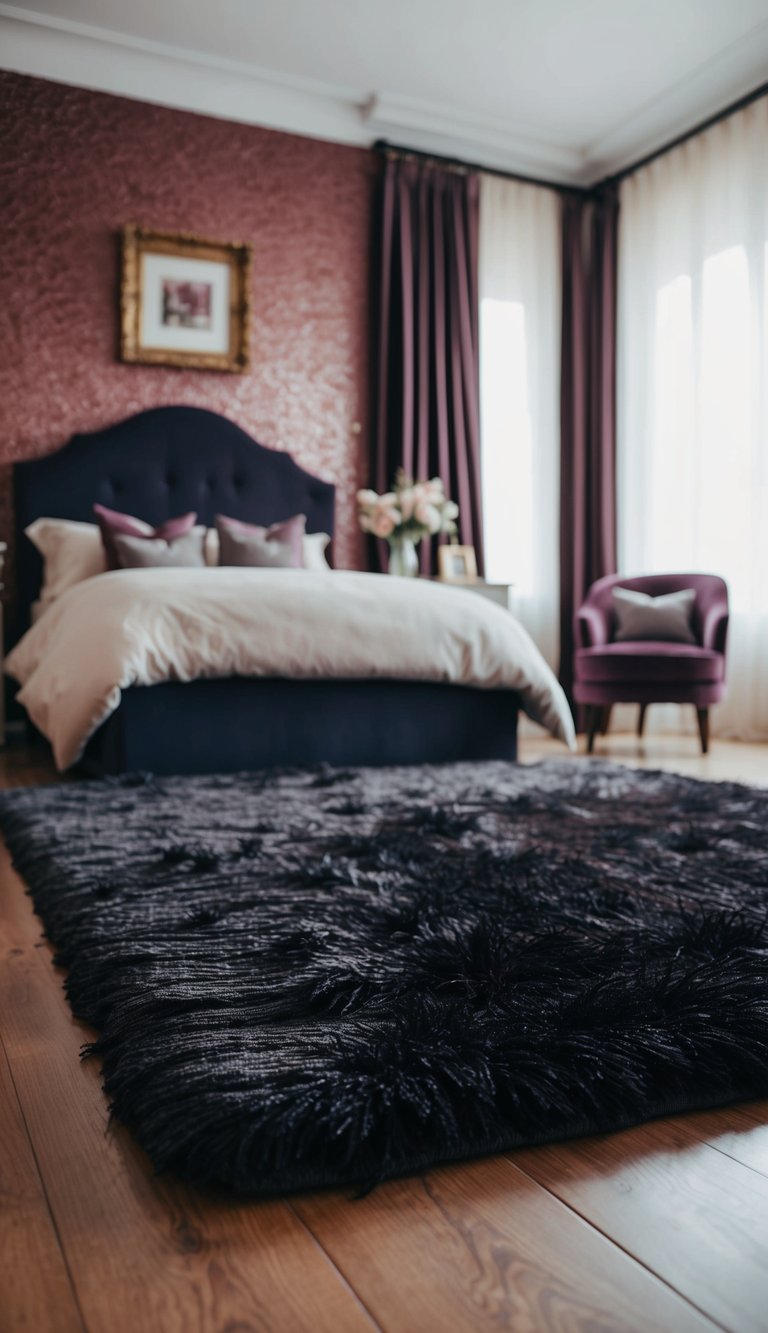 A plush, dark-colored rug lies on the floor of a feminine bedroom adorned with rich, deep hues and soft textures