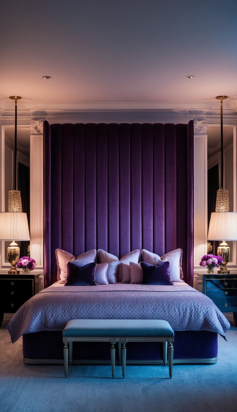 A luxurious bedroom with a deep purple velvet headboard, adorned with elegant details and soft lighting, exuding a dark and feminine ambiance