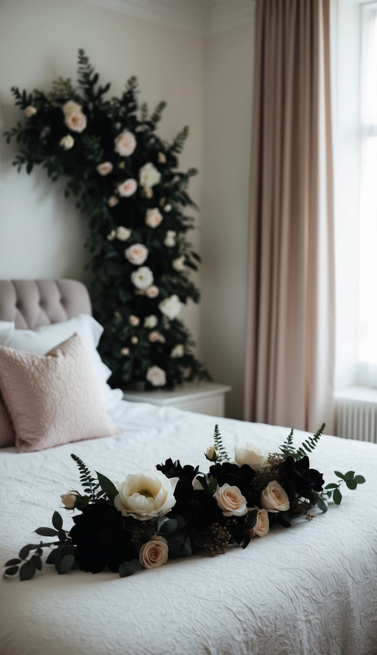 Soft, dark floral arrangements adorn a feminine bedroom, casting a serene and elegant atmosphere