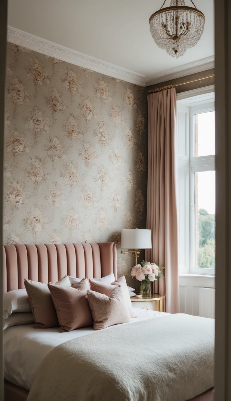 A dimly lit bedroom with elegant, floral-patterned wallpaper and plush, feminine decor