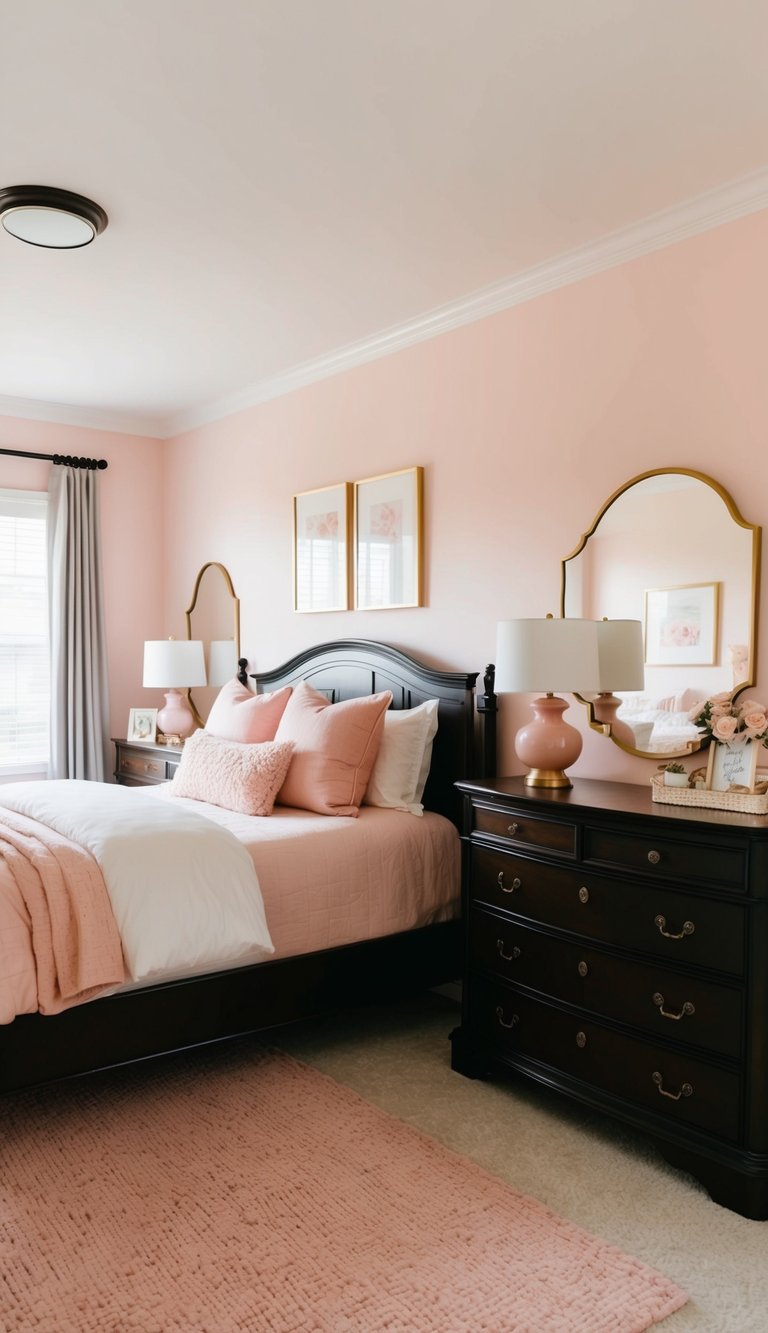 A cozy bedroom with dark wood furniture, soft pink accents, and feminine decor