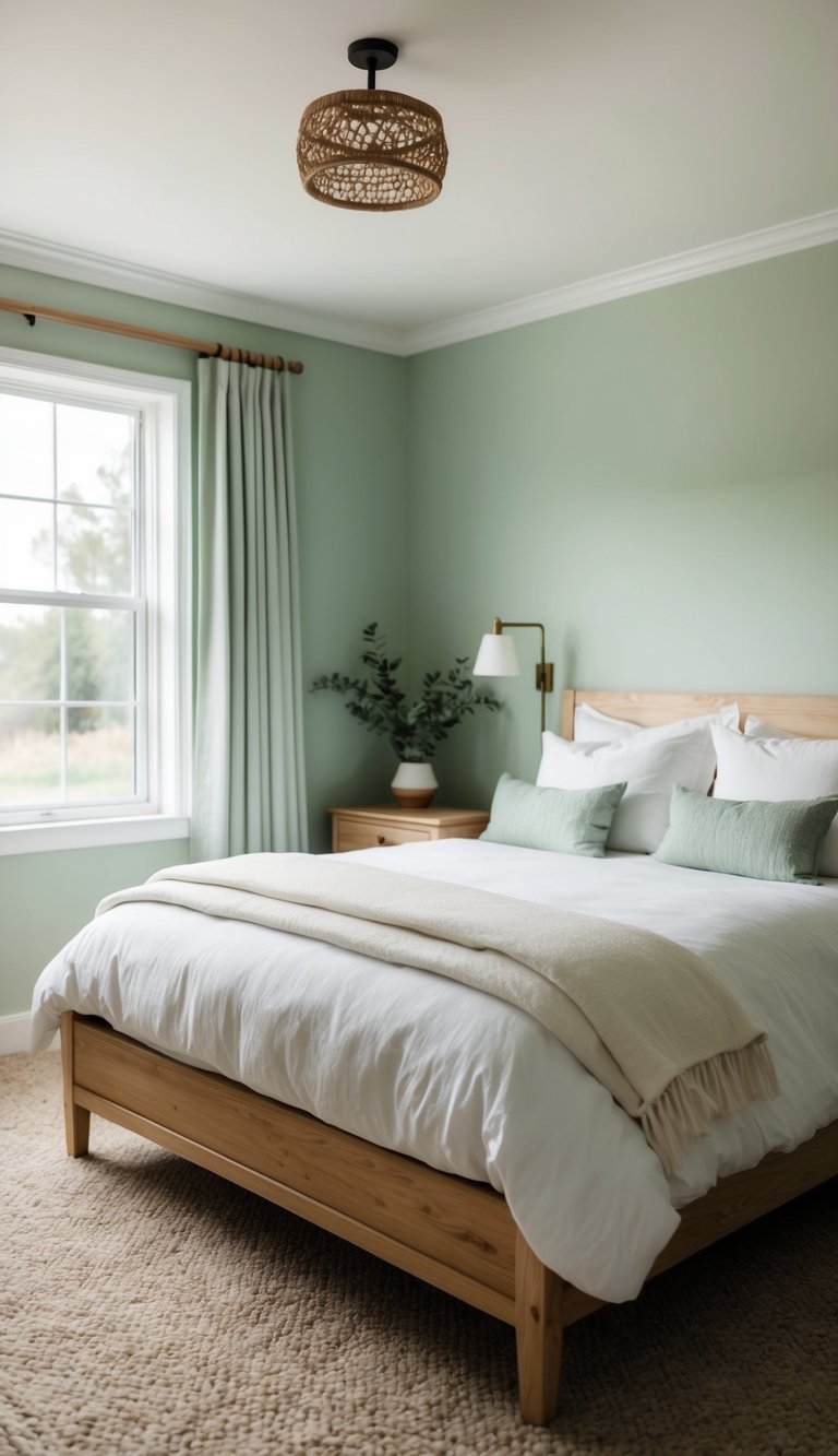 A cozy bedroom with sage green walls, soft white bedding, and natural wood furniture. A large window allows natural light to filter in, creating a serene and tranquil atmosphere