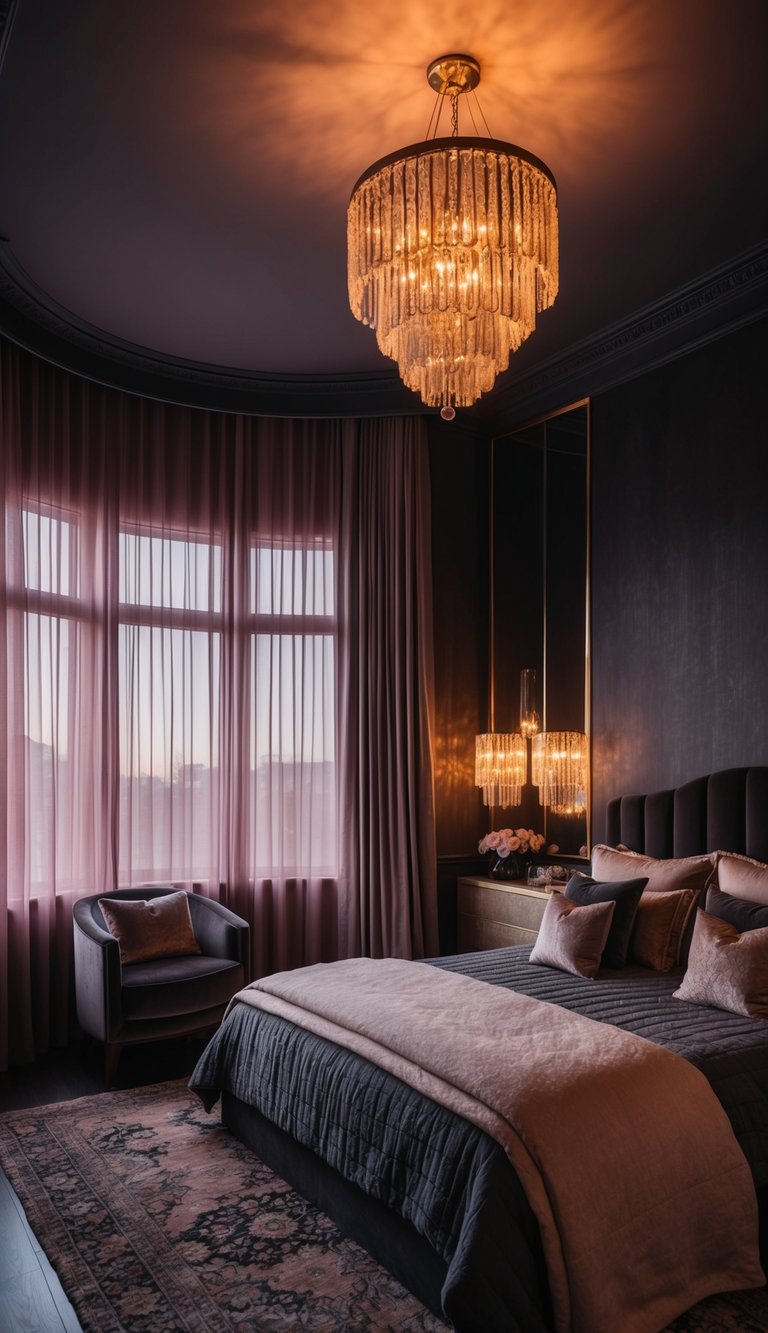 A dark, feminine bedroom with warm, ambient lighting fixtures casting a soft glow over rich, moody colors and luxurious textures