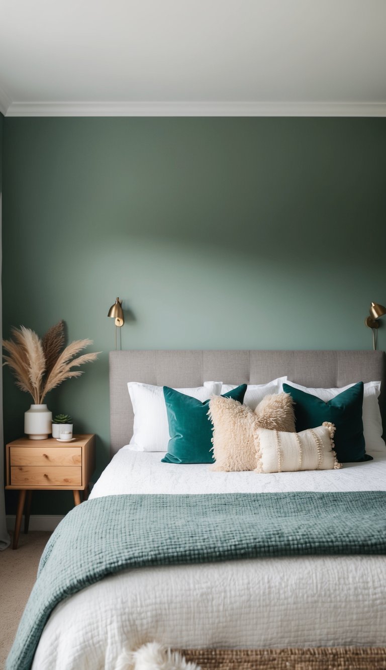 The bedroom walls are painted sage green, creating a calming atmosphere. The room is adorned with cozy furnishings and natural accents