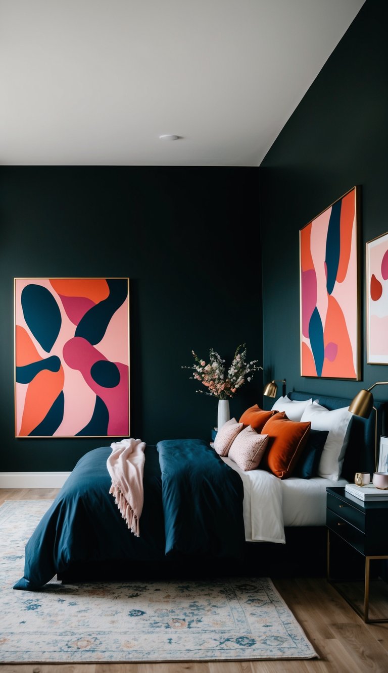 A dark bedroom with bold, abstract art in rich, feminine colors