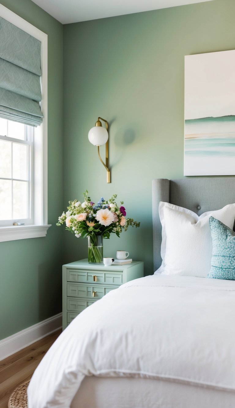 A cozy bedroom with sage green walls, white bedding, and accents. A vase of fresh flowers sits on a nightstand, adding a pop of color to the serene space