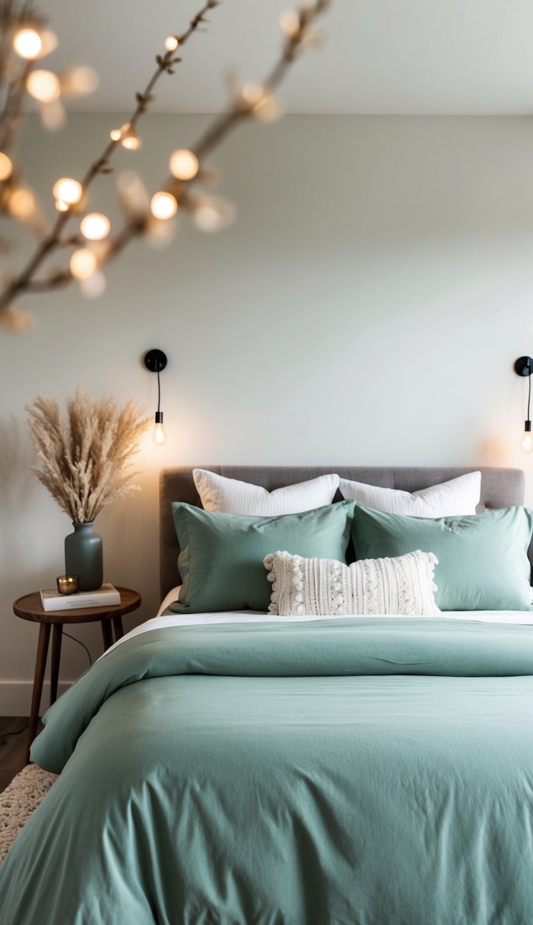 A cozy bedroom with sage green bedding, soft lighting, and natural accents