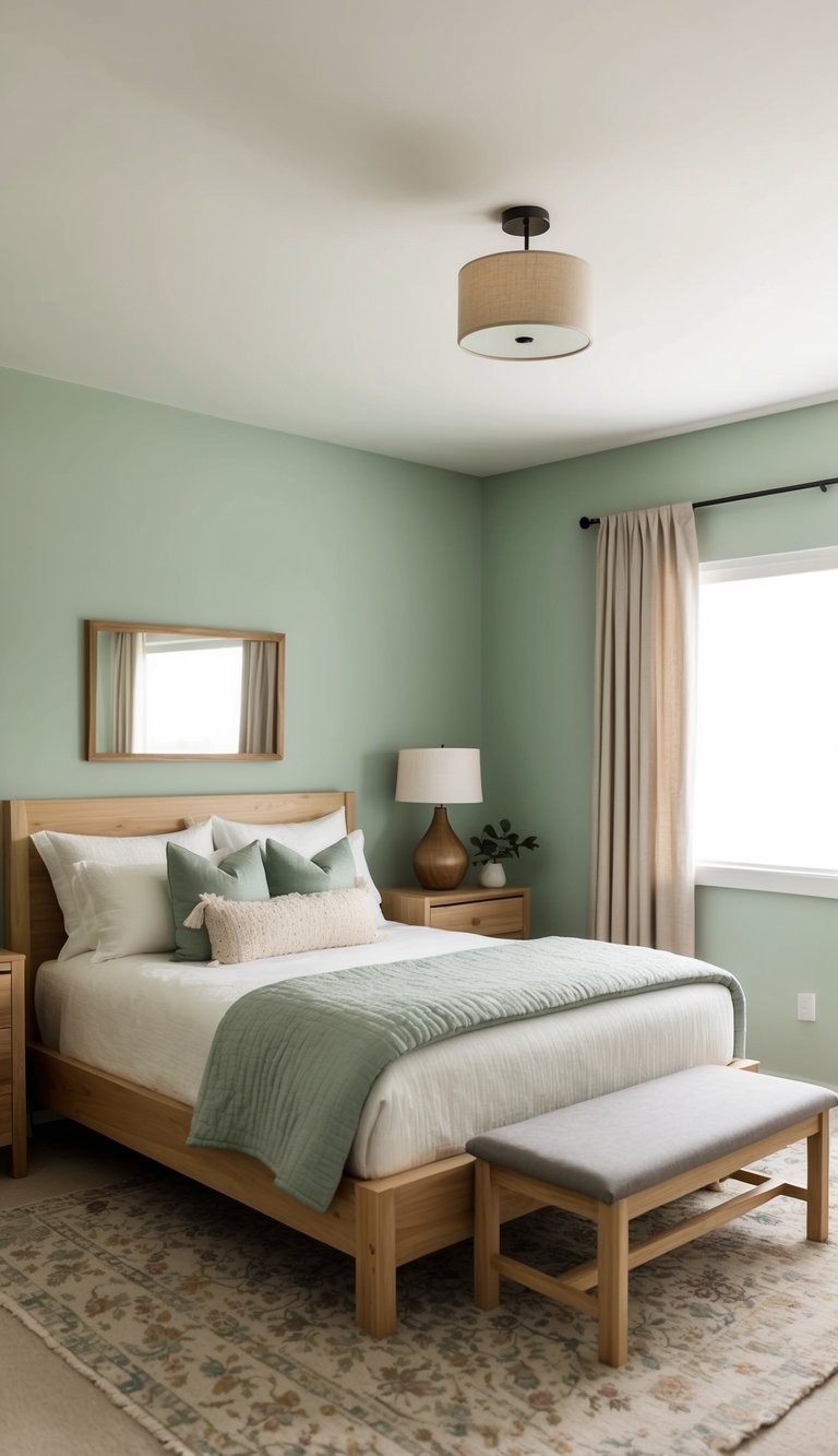 A cozy bedroom with a sage green color scheme, featuring natural wood furniture and soft, earthy tones throughout