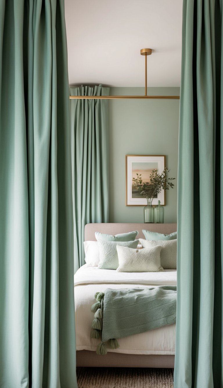 Sage green curtains frame a serene bedroom with soft lighting and cozy decor