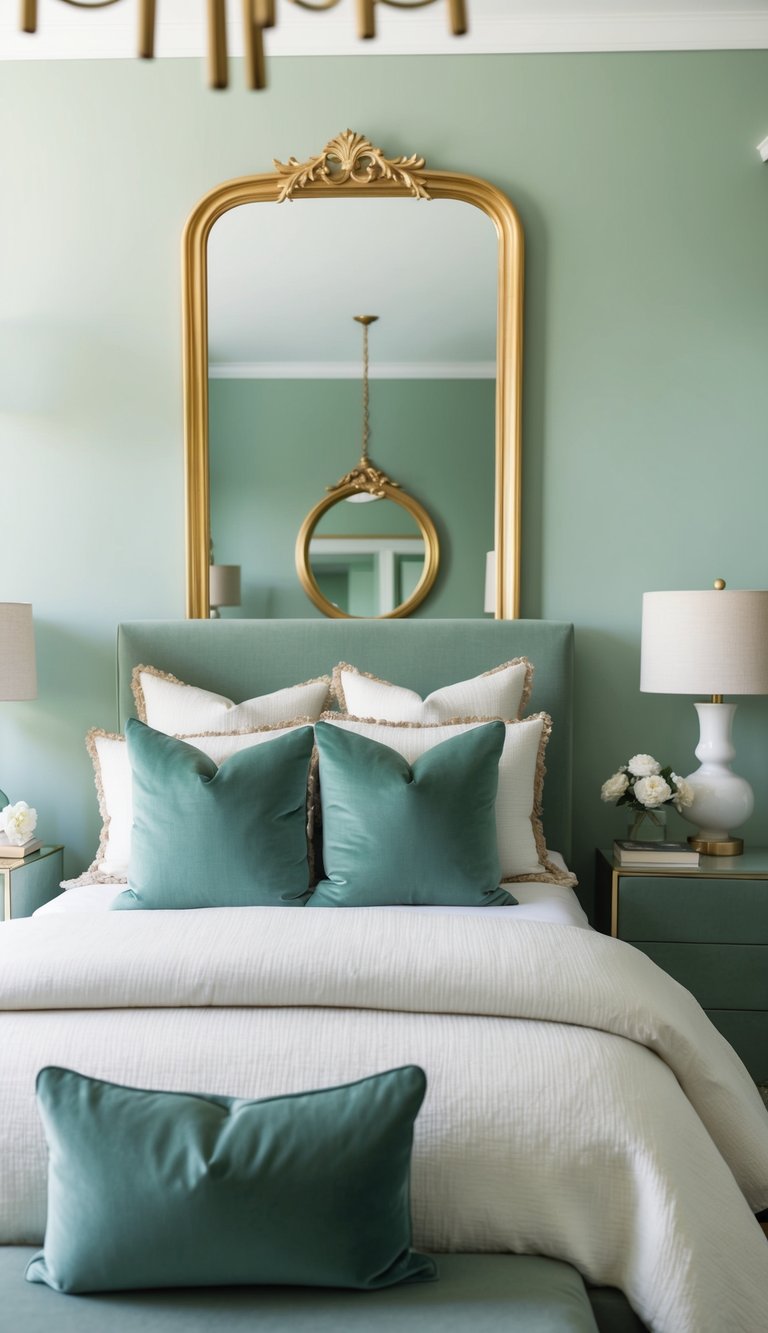 Sage green bedroom with gold-framed mirror, bedside lamps, and throw pillows. Elegant and serene ambiance