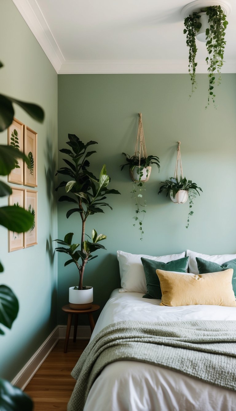 A cozy bedroom with sage green walls, adorned with indoor plants to create a natural and serene atmosphere