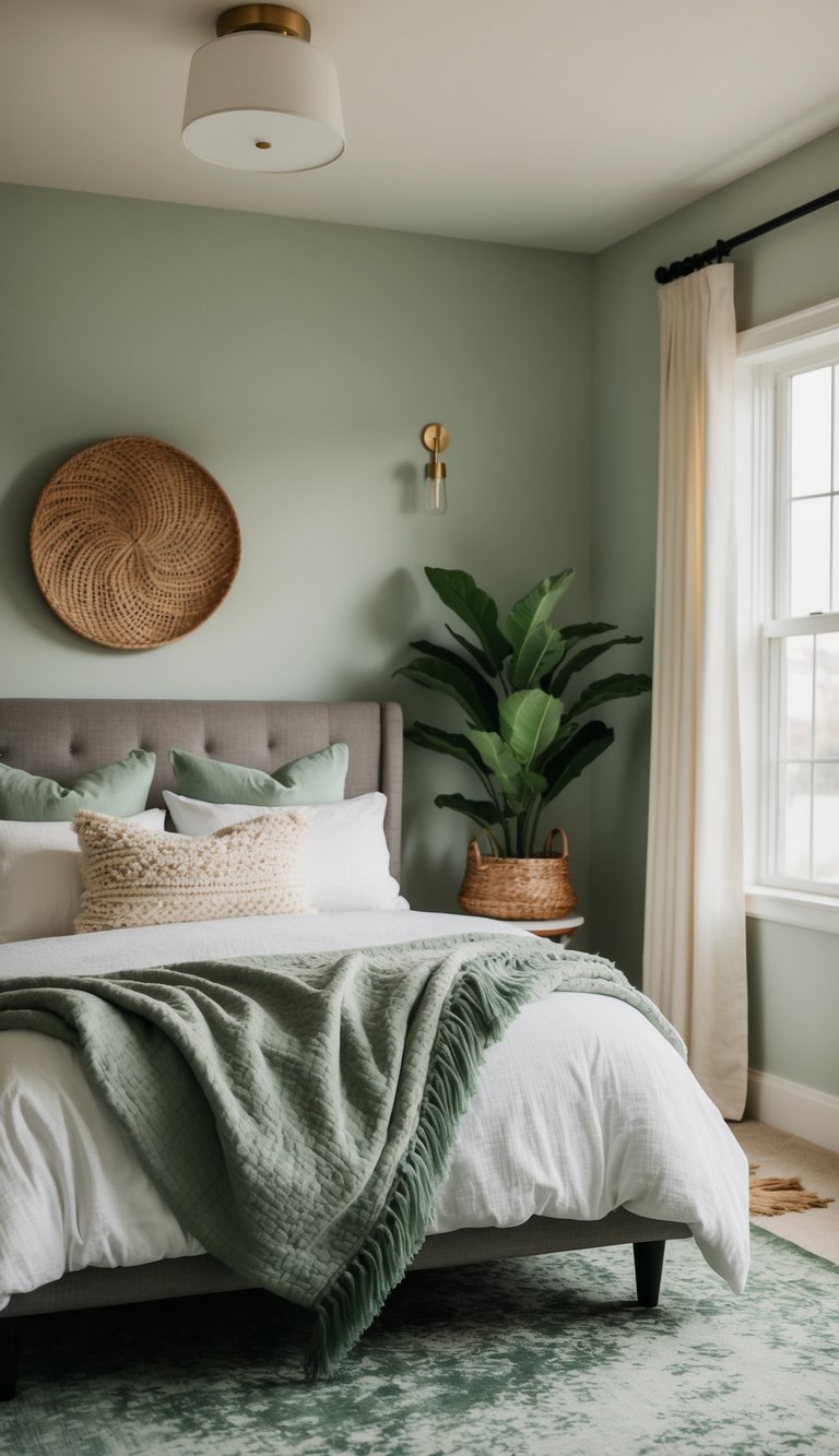 A cozy bedroom with sage green rugs, soft lighting, and natural accents