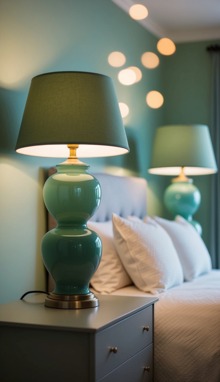 Sage green lamps casting ambient light in a serene bedroom setting