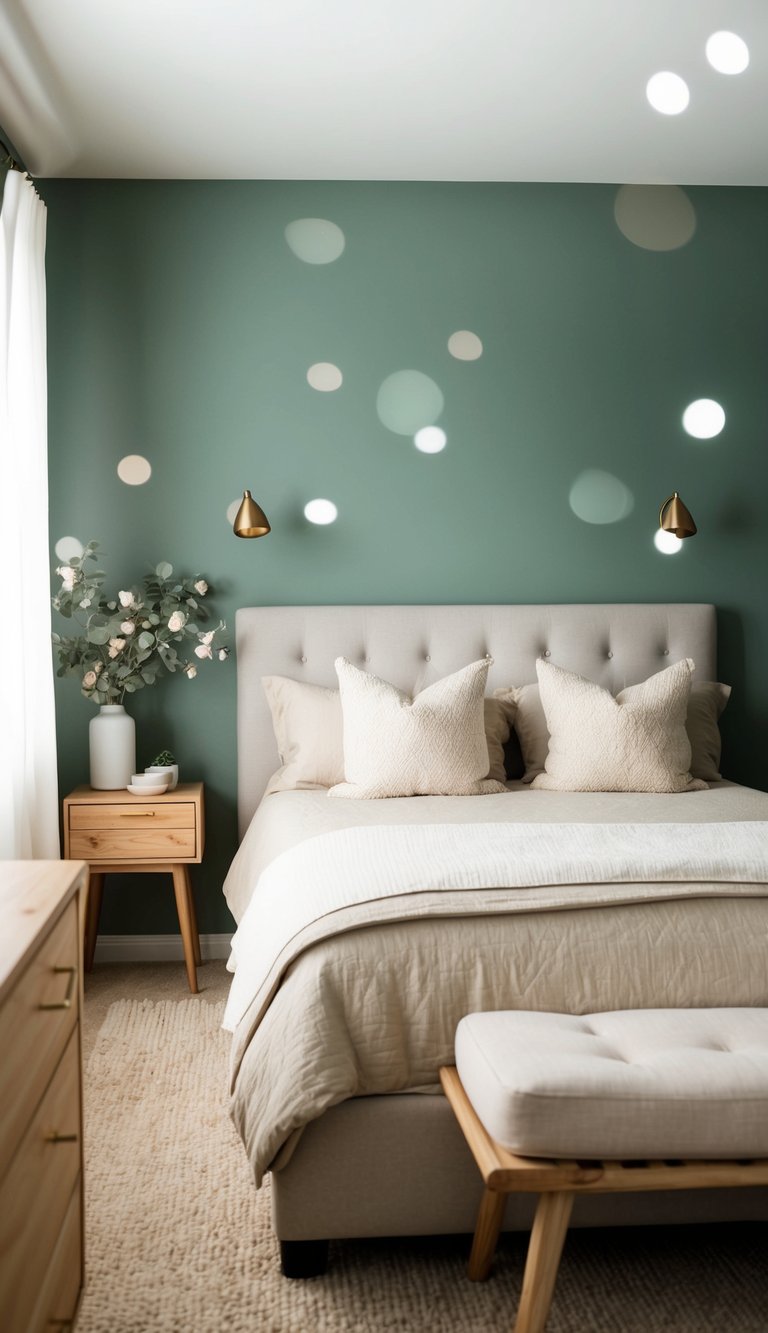 A cozy bedroom with a sage green accent wall, complemented by soft, neutral bedding and natural wood furniture