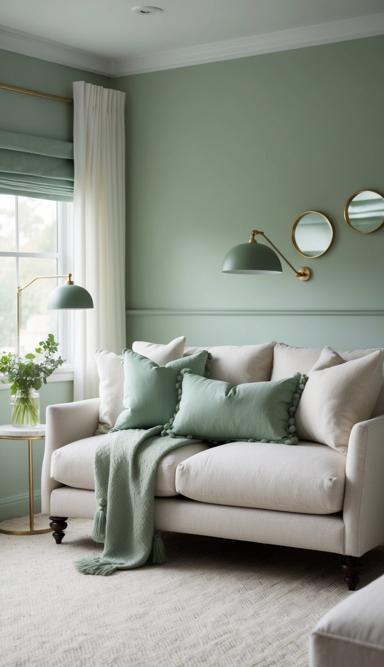 Neutral sofas adorned with sage green throw pillows in a serene bedroom with sage green accents