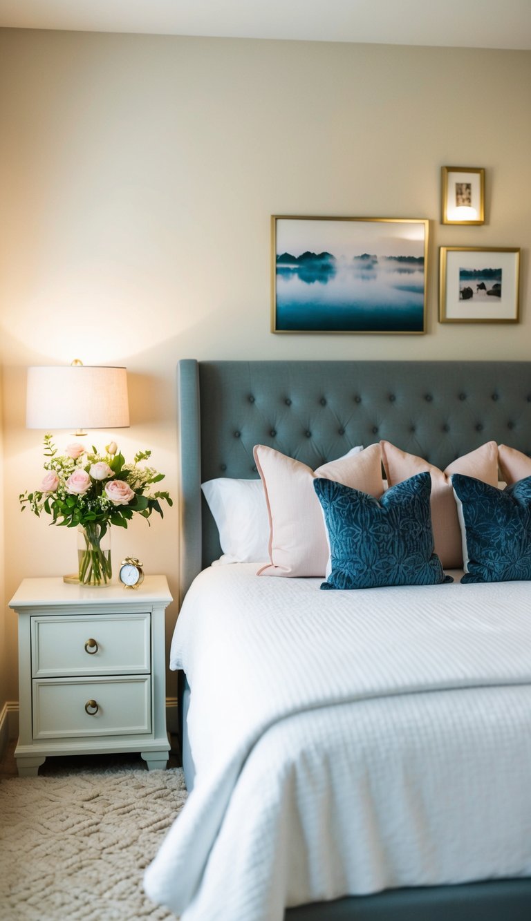 A cozy bedroom with a large, comfortable bed, soft lighting, and matching decor. A vase of fresh flowers sits on the bedside table, adding a romantic touch