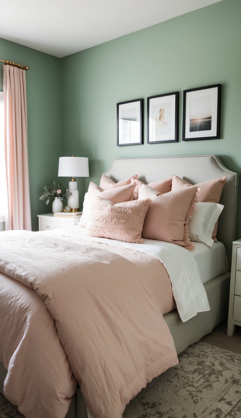 A cozy bedroom with sage green walls, blush pink bedding, and soft lighting