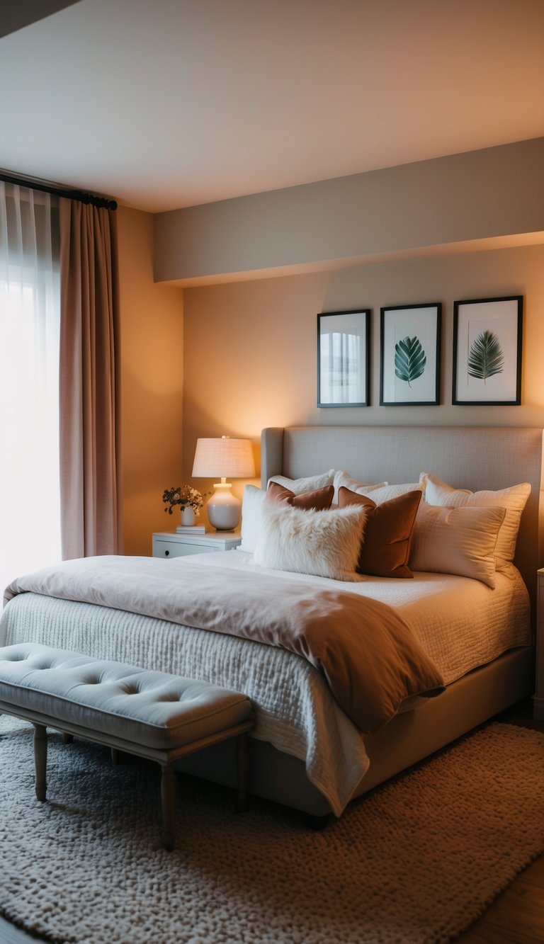 Soft, ambient lighting illuminates a cozy bedroom with a large, comfortable bed, adorned with plush pillows and a warm, inviting color scheme