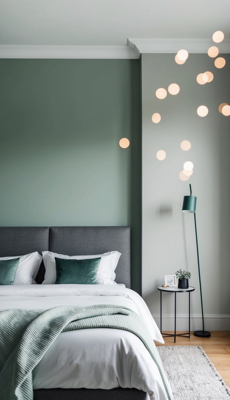 A serene bedroom with sage green walls and grey accents, featuring modern furniture and minimalistic decor