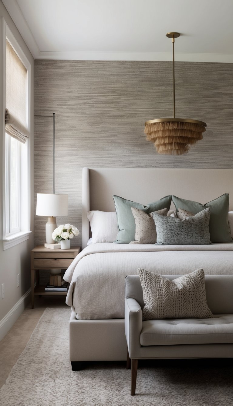 A cozy bedroom with a neutral color palette, a large comfortable bed, and a wall covered in textured wallpaper