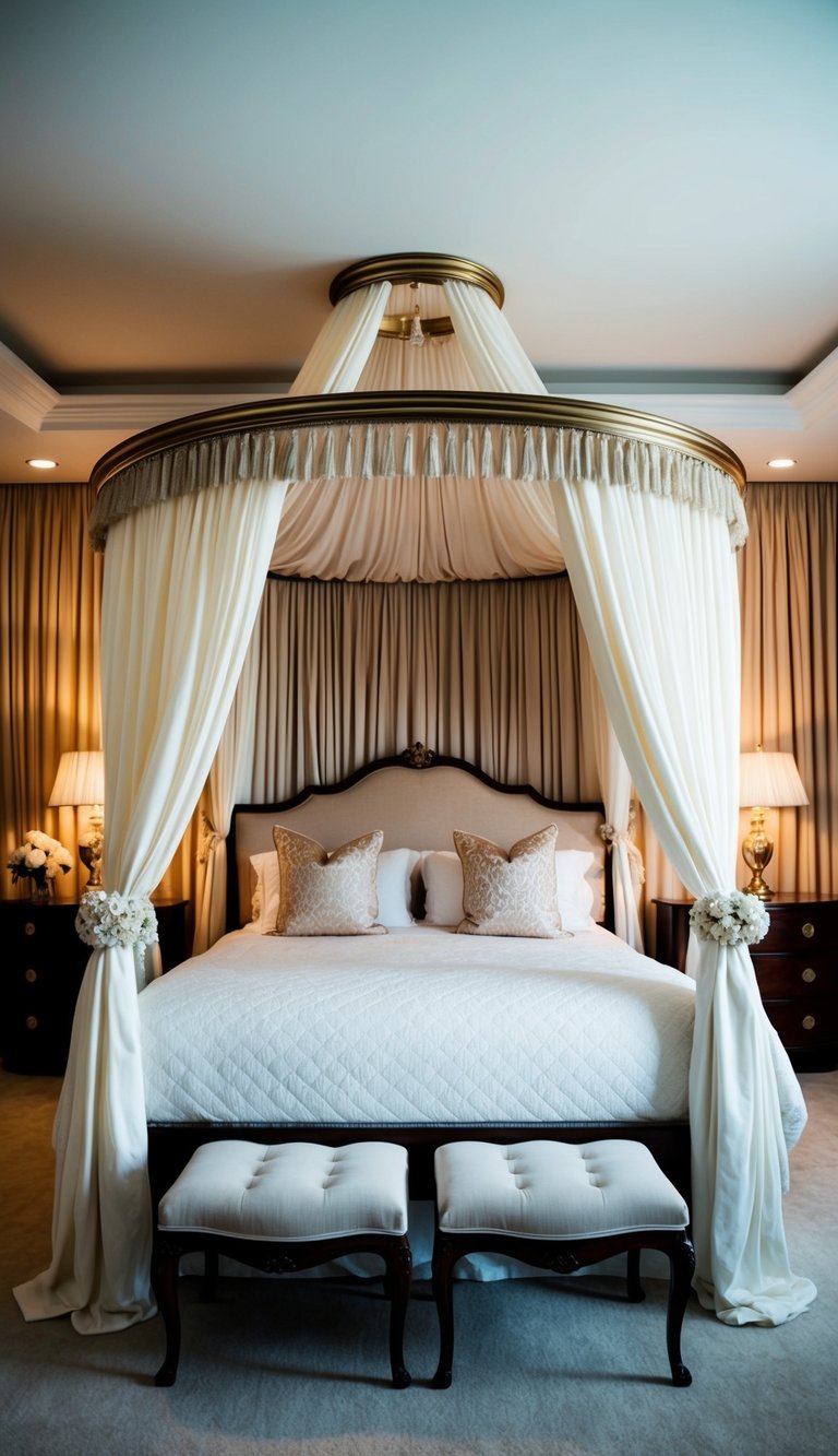 A luxurious canopy bed in a spacious bedroom, adorned with soft curtains and plush bedding, creating a cozy and romantic atmosphere for couples