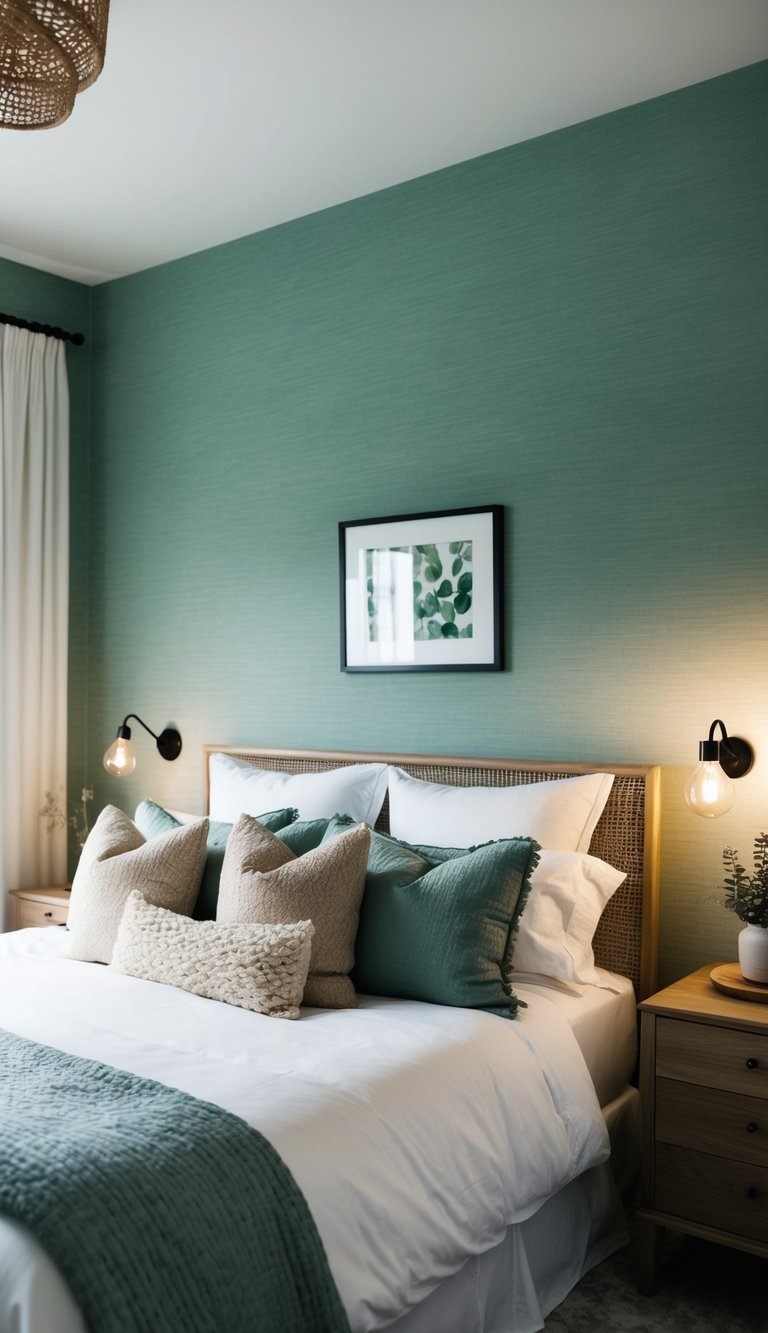 A cozy bedroom with sage green textured wallpaper, soft lighting, and natural accents