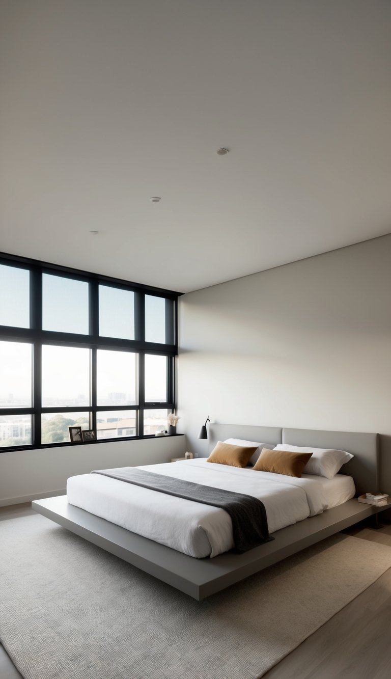 A spacious, uncluttered bedroom with a sleek platform bed, neutral color palette, and minimalist decor. Large windows let in natural light, and a few carefully chosen accessories add warmth