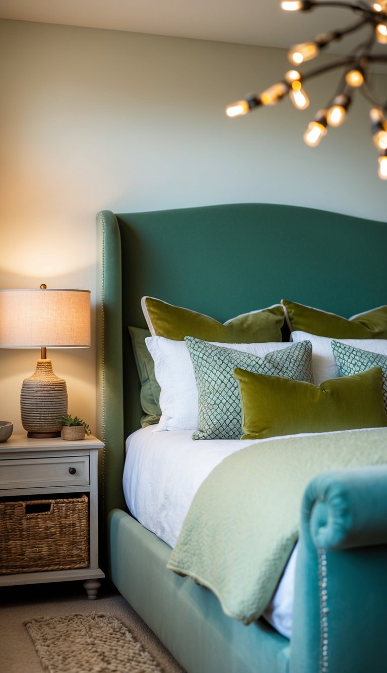 A cozy bedroom with sage green upholstered furniture, soft lighting, and earthy decor