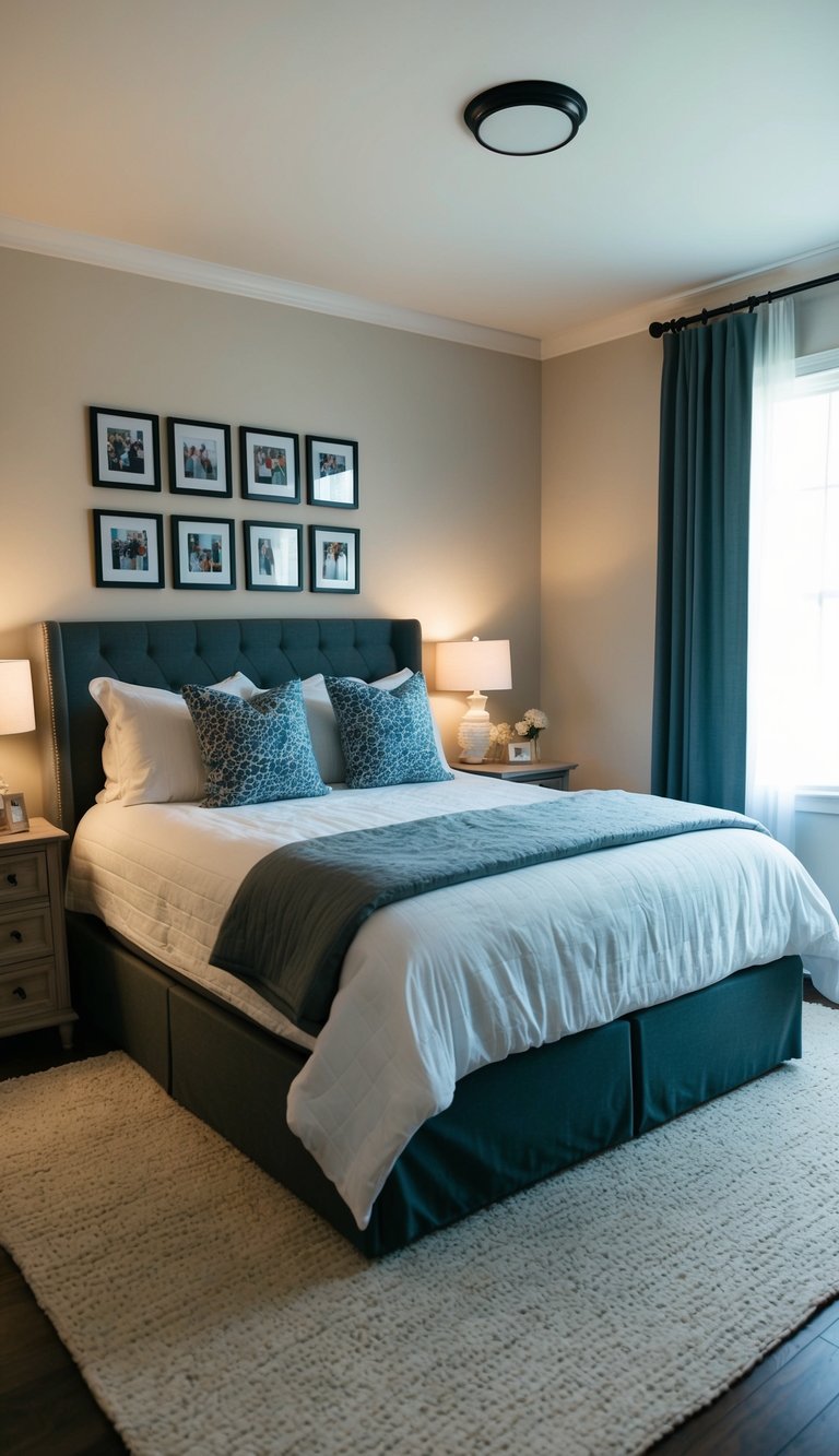 A cozy bedroom with a large, comfortable bed, soft lighting, and personal photos displayed on the walls