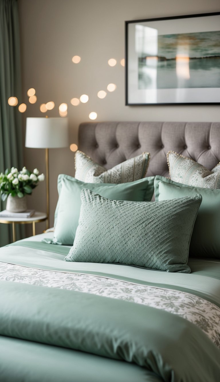 A cozy bedroom with sage green bedding, featuring various patterns and textures, creating a serene and elegant atmosphere