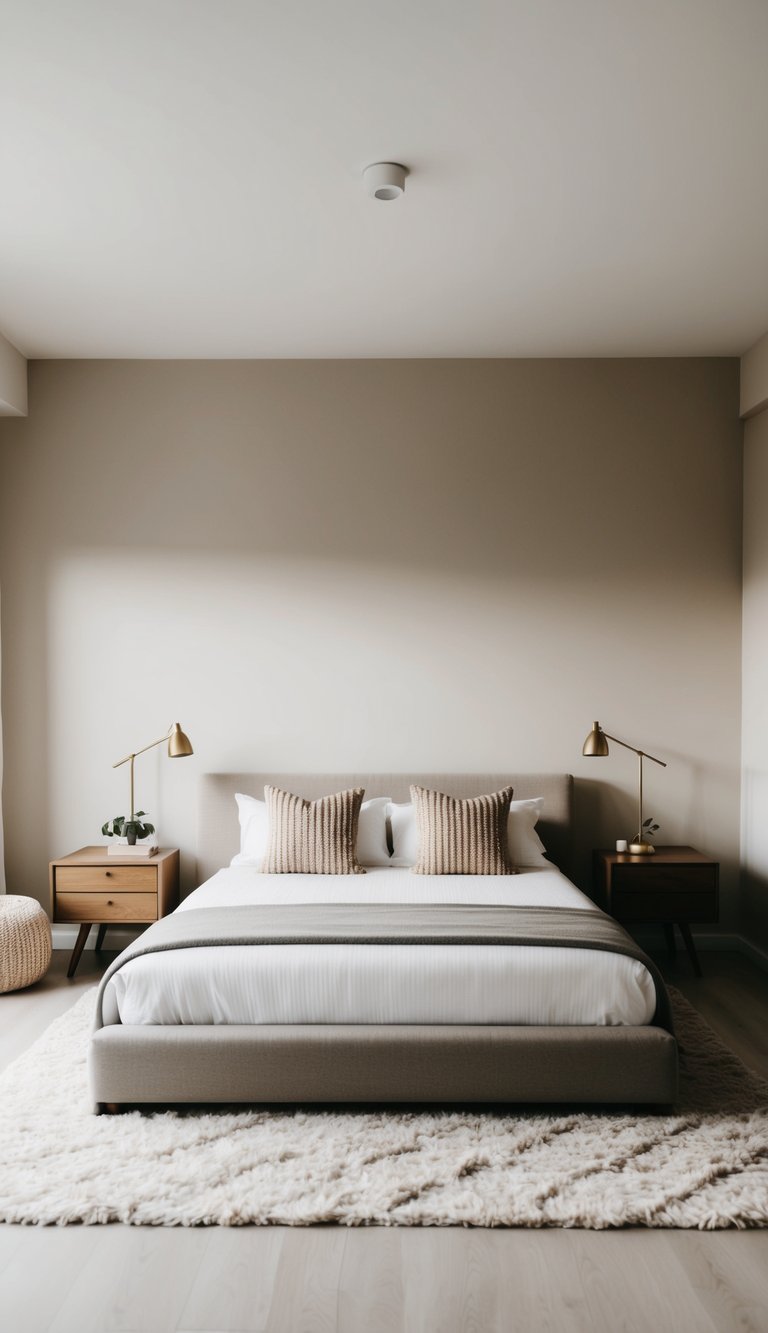 A cozy bedroom with neutral tones, soft lighting, and minimal decor. A large, comfortable bed with matching bedside tables and a plush rug on the floor