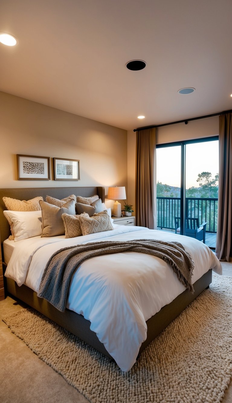 A cozy bedroom with a mix of modern and rustic furniture, soft lighting, and warm colors. A large comfortable bed with plush bedding and decorative pillows