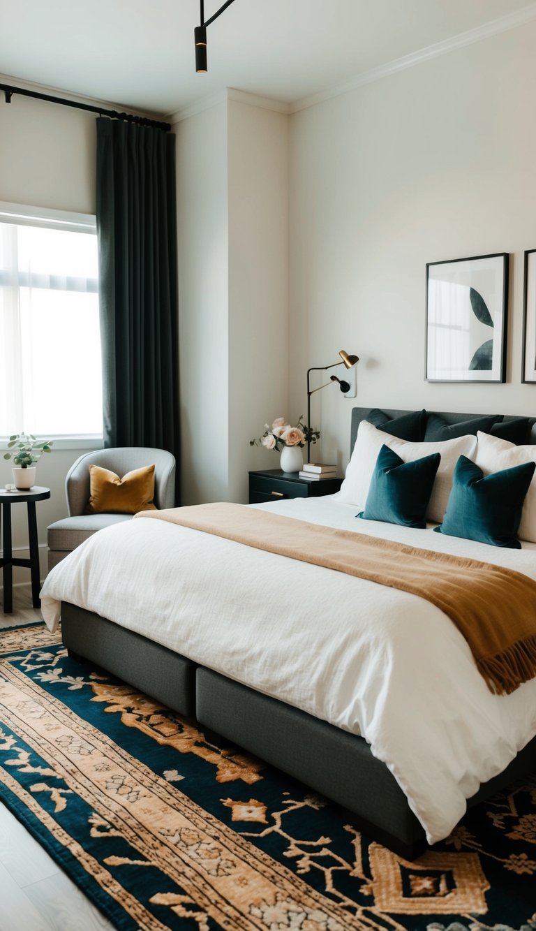 A cozy bedroom with a bold statement rug, complementing a modern, elegant design scheme for a couple's retreat