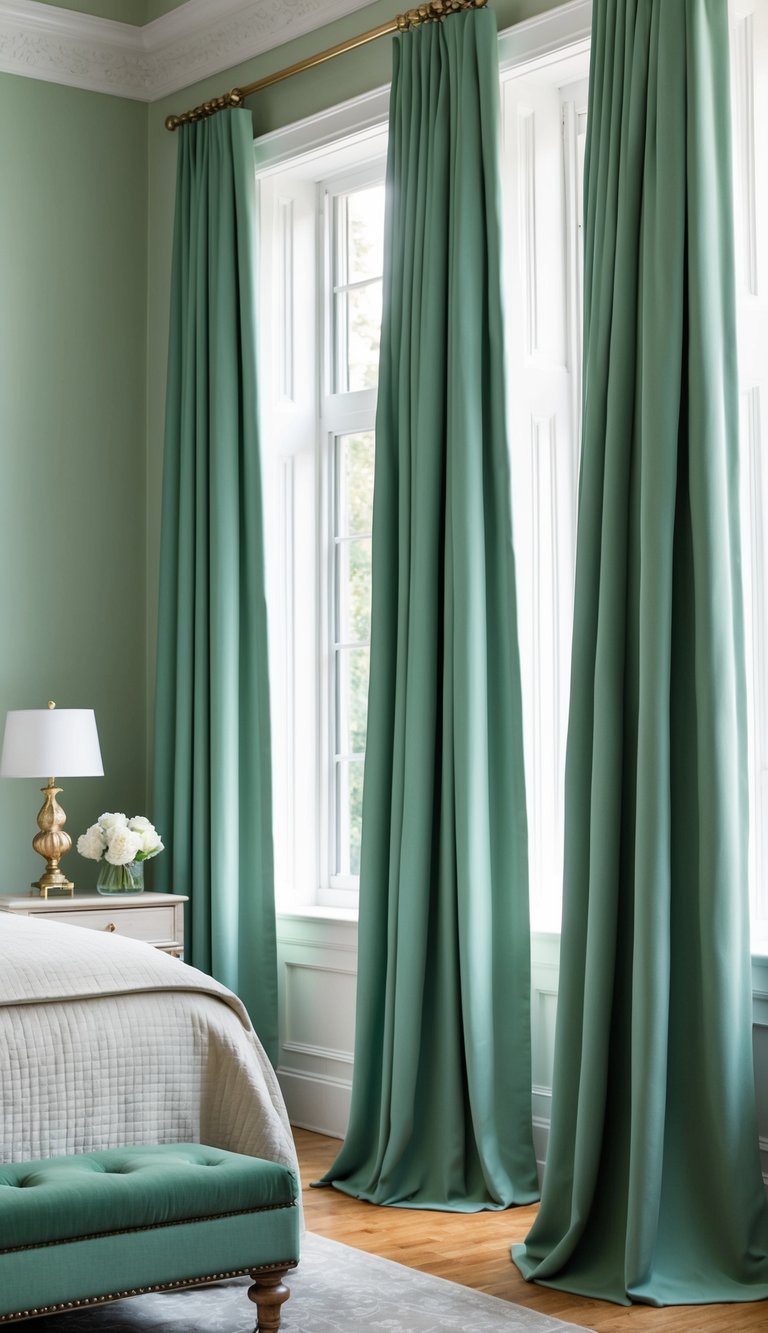 Sage green drapes cascading in a formal bedroom setting