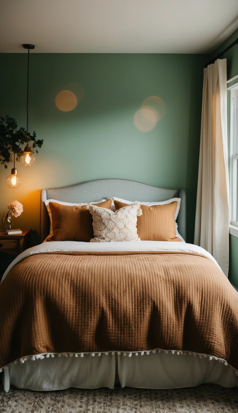 A cozy bedroom with sage green walls, tan bedding, and warm lighting